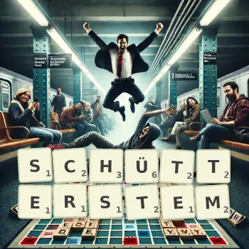 Kreative Illustration für ein Scrabble-Spiel, bei dem das Wort SCHÜTTERSTEM mit Steinen auf dem Brett gelegt wurde.