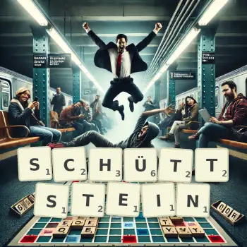 Kreative Illustration für ein Scrabble-Spiel, bei dem das Wort SCHÜTTSTEIN mit Steinen auf dem Brett gelegt wurde.