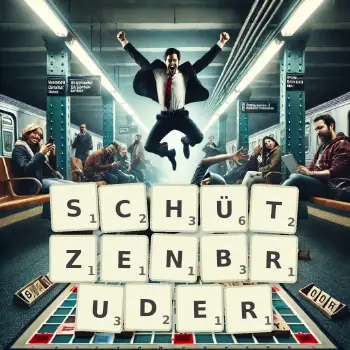 Kreative Illustration für ein Scrabble-Spiel, bei dem das Wort SCHÜTZENBRUDER mit Steinen auf dem Brett gelegt wurde.