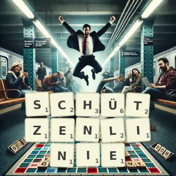 Kreative Illustration für ein Scrabble-Spiel, bei dem das Wort SCHÜTZENLINIE mit Steinen auf dem Brett gelegt wurde.
