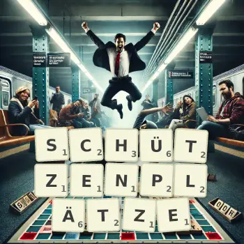 Kreative Illustration für ein Scrabble-Spiel, bei dem das Wort SCHÜTZENPLÄTZE mit Steinen auf dem Brett gelegt wurde.
