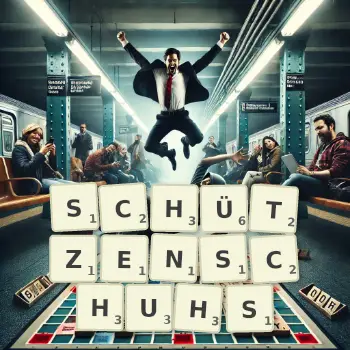 Kreative Illustration für ein Scrabble-Spiel, bei dem das Wort SCHÜTZENSCHUHS mit Steinen auf dem Brett gelegt wurde.