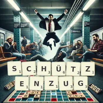 Kreative Illustration für ein Scrabble-Spiel, bei dem das Wort SCHÜTZENZUG mit Steinen auf dem Brett gelegt wurde.