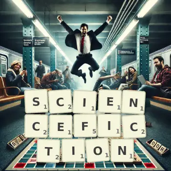 Kreative Illustration für ein Scrabble-Spiel, bei dem das Wort SCIENCEFICTION mit Steinen auf dem Brett gelegt wurde.