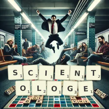 Kreative Illustration für ein Scrabble-Spiel, bei dem das Wort SCIENTOLOGE mit Steinen auf dem Brett gelegt wurde.