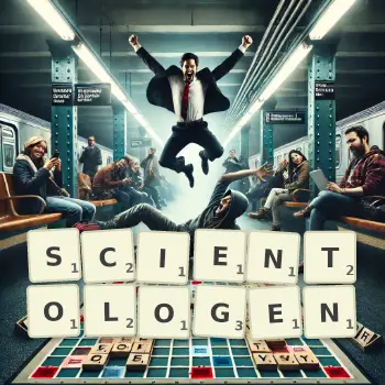 Kreative Illustration für ein Scrabble-Spiel, bei dem das Wort SCIENTOLOGEN mit Steinen auf dem Brett gelegt wurde.