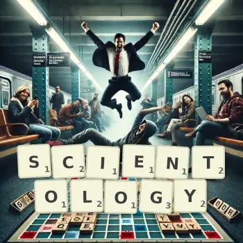 Kreative Illustration für ein Scrabble-Spiel, bei dem das Wort SCIENTOLOGY mit Steinen auf dem Brett gelegt wurde.