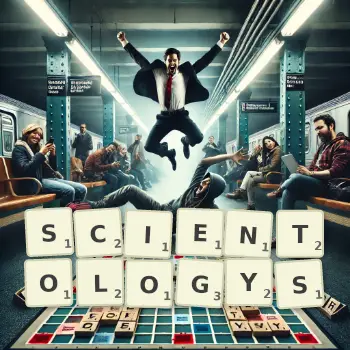 Kreative Illustration für ein Scrabble-Spiel, bei dem das Wort SCIENTOLOGYS mit Steinen auf dem Brett gelegt wurde.