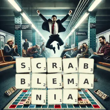 Kreative Illustration für ein Scrabble-Spiel, bei dem das Wort SCRABBLEMANIA mit Steinen auf dem Brett gelegt wurde.