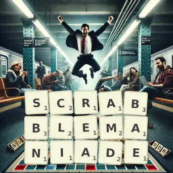 Kreative Illustration für ein Scrabble-Spiel, bei dem das Wort SCRABBLEMANIADE mit Steinen auf dem Brett gelegt wurde.