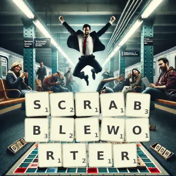Kreative Illustration für ein Scrabble-Spiel, bei dem das Wort SCRABBLEWORTER mit Steinen auf dem Brett gelegt wurde.