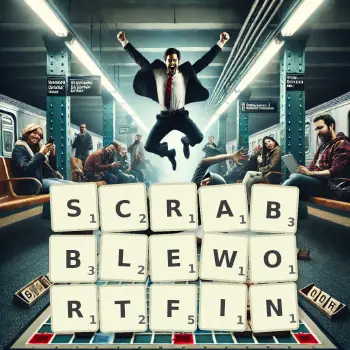 Kreative Illustration für ein Scrabble-Spiel, bei dem das Wort SCRABBLEWORTFIN mit Steinen auf dem Brett gelegt wurde.