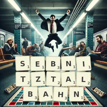 Kreative Illustration für ein Scrabble-Spiel, bei dem das Wort SEBNITZTALBAHN mit Steinen auf dem Brett gelegt wurde.