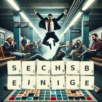 Kreative Illustration für ein Scrabble-Spiel, bei dem das Wort SECHSBEINIGE mit Steinen auf dem Brett gelegt wurde.