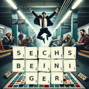 Kreative Illustration für ein Scrabble-Spiel, bei dem das Wort SECHSBEINIGER mit Steinen auf dem Brett gelegt wurde.