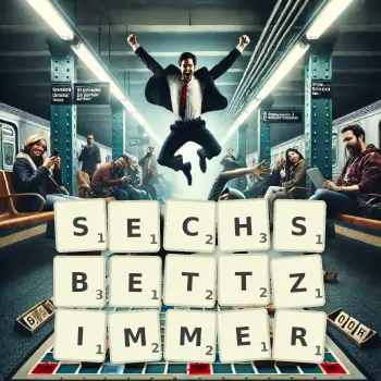 Kreative Illustration für ein Scrabble-Spiel, bei dem das Wort SECHSBETTZIMMER mit Steinen auf dem Brett gelegt wurde.