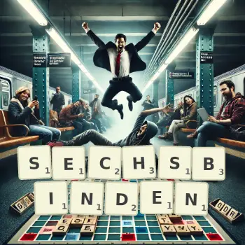 Kreative Illustration für ein Scrabble-Spiel, bei dem das Wort SECHSBINDEN mit Steinen auf dem Brett gelegt wurde.