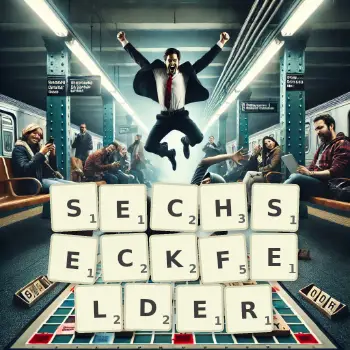 Kreative Illustration für ein Scrabble-Spiel, bei dem das Wort SECHSECKFELDER mit Steinen auf dem Brett gelegt wurde.