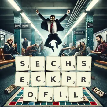 Kreative Illustration für ein Scrabble-Spiel, bei dem das Wort SECHSECKPROFIL mit Steinen auf dem Brett gelegt wurde.