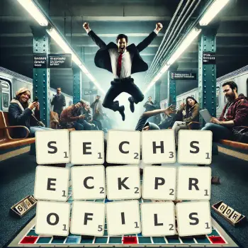 Kreative Illustration für ein Scrabble-Spiel, bei dem das Wort SECHSECKPROFILS mit Steinen auf dem Brett gelegt wurde.