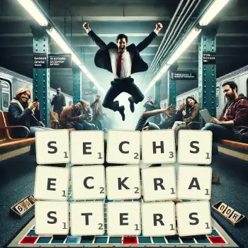 Kreative Illustration für ein Scrabble-Spiel, bei dem das Wort SECHSECKRASTERS mit Steinen auf dem Brett gelegt wurde.