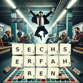 Kreative Illustration für ein Scrabble-Spiel, bei dem das Wort SECHSERFAHREN mit Steinen auf dem Brett gelegt wurde.