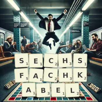Kreative Illustration für ein Scrabble-Spiel, bei dem das Wort SECHSFACHKABEL mit Steinen auf dem Brett gelegt wurde.