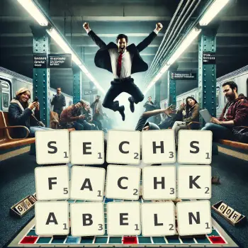 Kreative Illustration für ein Scrabble-Spiel, bei dem das Wort SECHSFACHKABELN mit Steinen auf dem Brett gelegt wurde.