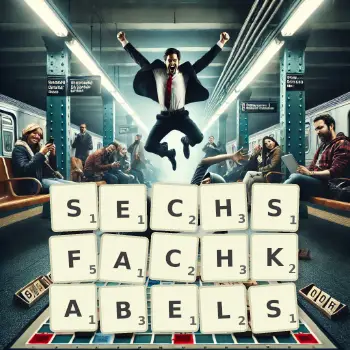 Kreative Illustration für ein Scrabble-Spiel, bei dem das Wort SECHSFACHKABELS mit Steinen auf dem Brett gelegt wurde.