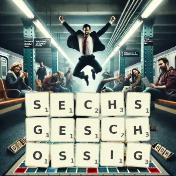 Kreative Illustration für ein Scrabble-Spiel, bei dem das Wort SECHSGESCHOSSIG mit Steinen auf dem Brett gelegt wurde.