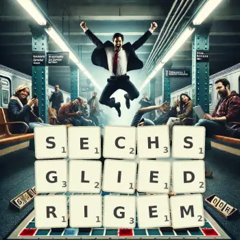 Kreative Illustration für ein Scrabble-Spiel, bei dem das Wort SECHSGLIEDRIGEM mit Steinen auf dem Brett gelegt wurde.
