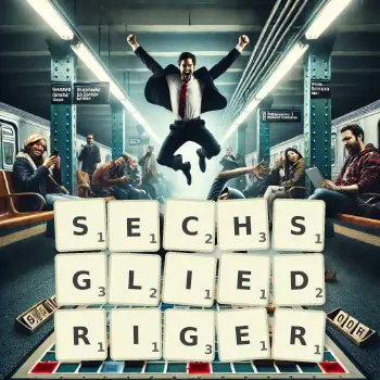 Kreative Illustration für ein Scrabble-Spiel, bei dem das Wort SECHSGLIEDRIGER mit Steinen auf dem Brett gelegt wurde.