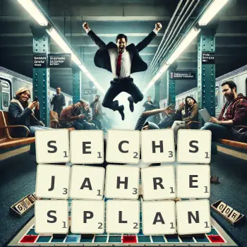 Kreative Illustration für ein Scrabble-Spiel, bei dem das Wort SECHSJAHRESPLAN mit Steinen auf dem Brett gelegt wurde.