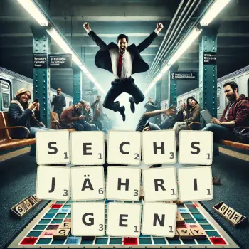 Kreative Illustration für ein Scrabble-Spiel, bei dem das Wort SECHSJÄHRIGEN mit Steinen auf dem Brett gelegt wurde.