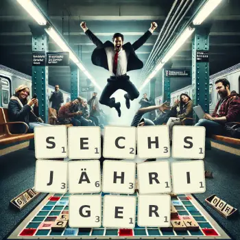 Kreative Illustration für ein Scrabble-Spiel, bei dem das Wort SECHSJÄHRIGER mit Steinen auf dem Brett gelegt wurde.