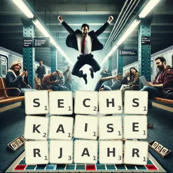 Kreative Illustration für ein Scrabble-Spiel, bei dem das Wort SECHSKAISERJAHR mit Steinen auf dem Brett gelegt wurde.
