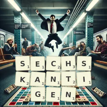 Kreative Illustration für ein Scrabble-Spiel, bei dem das Wort SECHSKANTIGEN mit Steinen auf dem Brett gelegt wurde.
