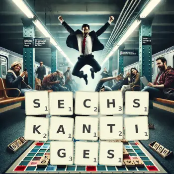Kreative Illustration für ein Scrabble-Spiel, bei dem das Wort SECHSKANTIGES mit Steinen auf dem Brett gelegt wurde.