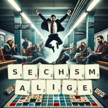 Kreative Illustration für ein Scrabble-Spiel, bei dem das Wort SECHSMALIGE mit Steinen auf dem Brett gelegt wurde.