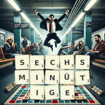 Kreative Illustration für ein Scrabble-Spiel, bei dem das Wort SECHSMINÜTIGE mit Steinen auf dem Brett gelegt wurde.