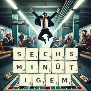 Kreative Illustration für ein Scrabble-Spiel, bei dem das Wort SECHSMINÜTIGEM mit Steinen auf dem Brett gelegt wurde.