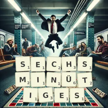 Kreative Illustration für ein Scrabble-Spiel, bei dem das Wort SECHSMINÜTIGES mit Steinen auf dem Brett gelegt wurde.