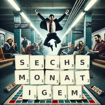 Kreative Illustration für ein Scrabble-Spiel, bei dem das Wort SECHSMONATIGEM mit Steinen auf dem Brett gelegt wurde.