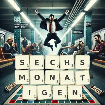 Kreative Illustration für ein Scrabble-Spiel, bei dem das Wort SECHSMONATIGEN mit Steinen auf dem Brett gelegt wurde.