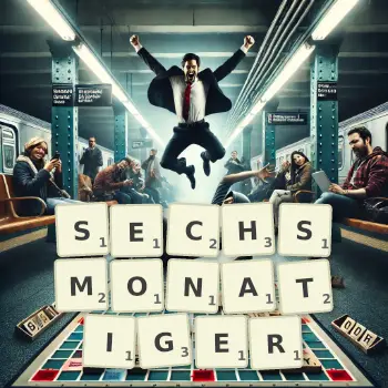 Kreative Illustration für ein Scrabble-Spiel, bei dem das Wort SECHSMONATIGER mit Steinen auf dem Brett gelegt wurde.