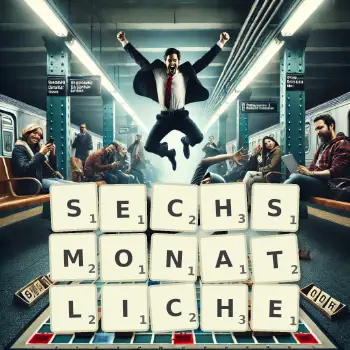 Kreative Illustration für ein Scrabble-Spiel, bei dem das Wort SECHSMONATLICHE mit Steinen auf dem Brett gelegt wurde.