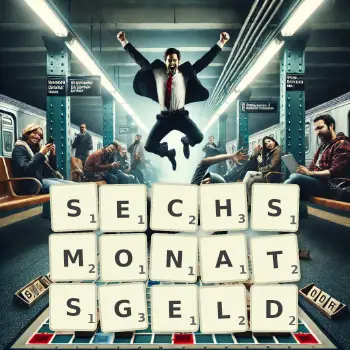 Kreative Illustration für ein Scrabble-Spiel, bei dem das Wort SECHSMONATSGELD mit Steinen auf dem Brett gelegt wurde.