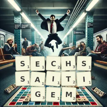 Kreative Illustration für ein Scrabble-Spiel, bei dem das Wort SECHSSAITIGEM mit Steinen auf dem Brett gelegt wurde.