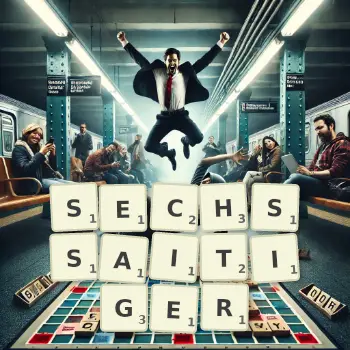 Kreative Illustration für ein Scrabble-Spiel, bei dem das Wort SECHSSAITIGER mit Steinen auf dem Brett gelegt wurde.