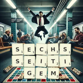 Kreative Illustration für ein Scrabble-Spiel, bei dem das Wort SECHSSEITIGEM mit Steinen auf dem Brett gelegt wurde.